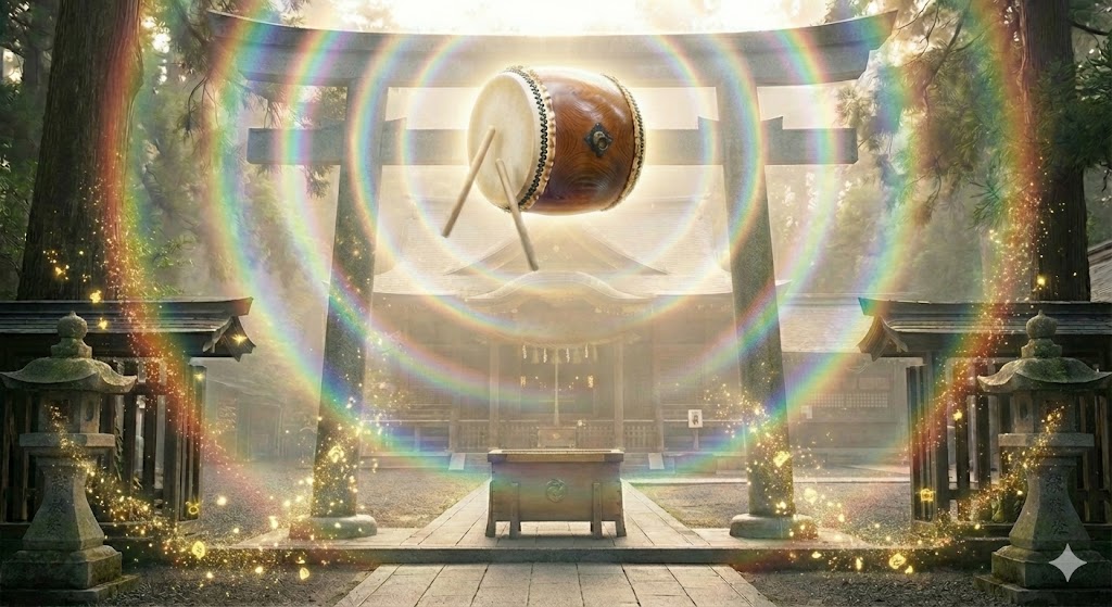 神社の太鼓から広がる虹色の波動と金色の光の粒。太鼓の音が幸運の予兆であり、良いエネルギーが満ちていることを示すスピリチュアルな画像。