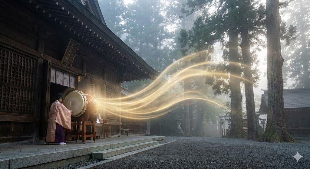 朝もやの神社本殿前で、神職が神事の始まりを告げる大太鼓(号鼓)を打つ様子。神秘的な金色の音の波が太鼓から杉林へと広がっていく儀式の瞬間。