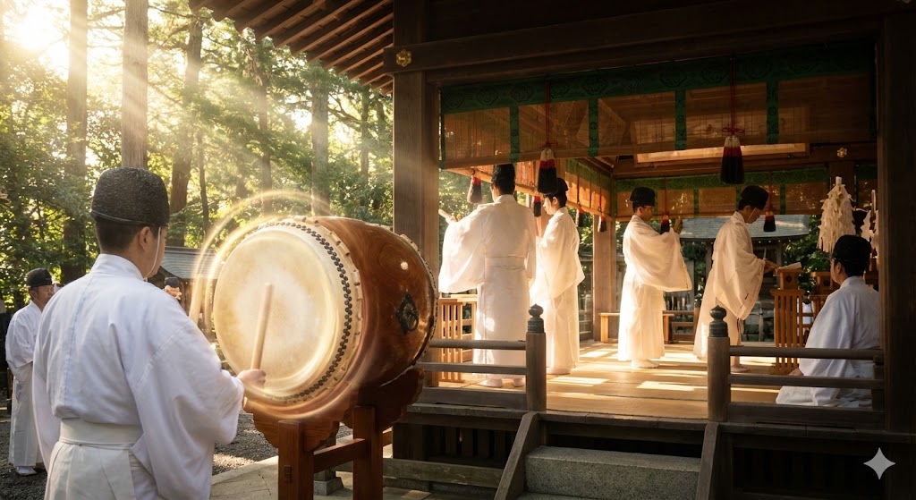 朝の光が差し込む神社の拝殿で、複数の神職がご祈祷を行う中、手前の神職が太鼓を打ち鳴らしている。午前中の活気ある神事の様子を捉えた一枚。