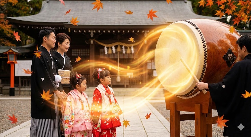 紅葉が舞う秋の神社で、七五三の着物を着た子供と家族が、神職が打つ祝い太鼓の温かい光の波動に包まれて祝福を受けている心温まる光景。