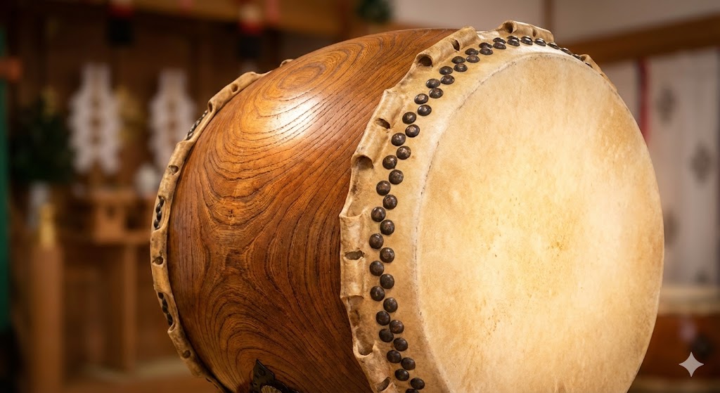 神社で使われる伝統的な和太鼓(宮太鼓)のクローズアップ。美しい欅(ケヤキ)の木目と、多数の鋲で張られた厚い牛皮の素材感が詳細に分かる画像。